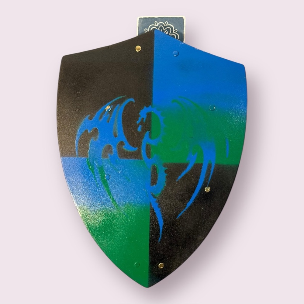 Renaissance Fair Hand Painted Wooden Shield Black, Blue, Green w/ Dragon Detail